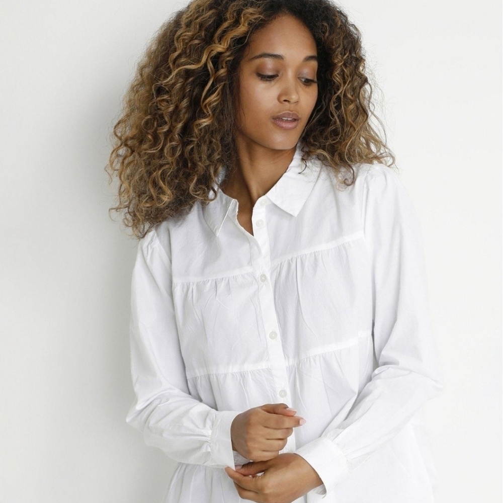 J. Jill Love Linen White tier Button-Down Shirt Petite XS. Office Business Sheer